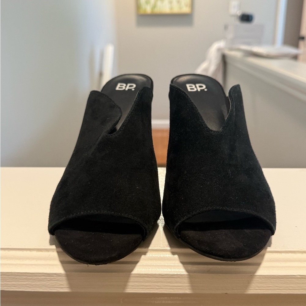 bp Black Suede Open-Toe Mule Slides